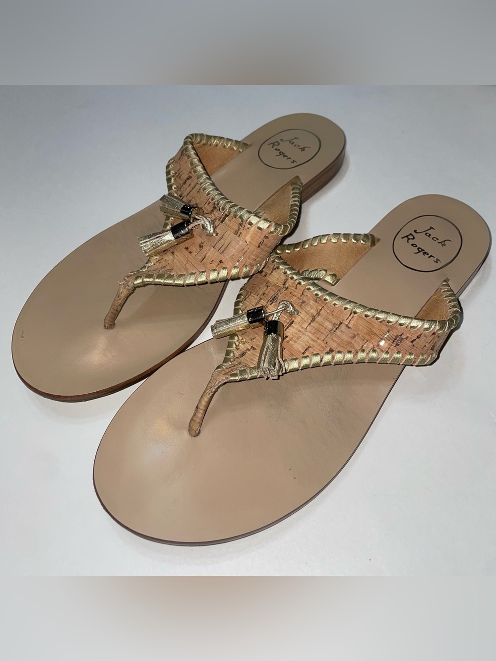 Jack Rogers Alana Tassel Cork & Gold Whipstitch Thong Sandal Size 8.5